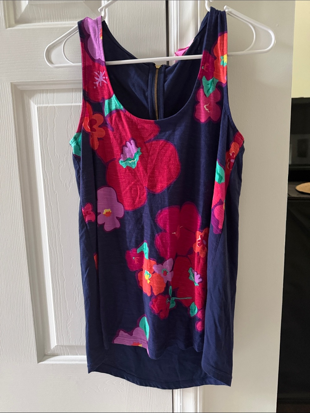 Lilly Pulitzer Navy Tank with Pink, Red & Teal Floral Motif